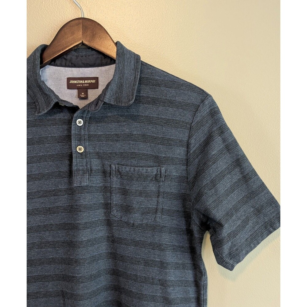 Johnston & Murphy Mens M Medium Blue Striped Pima Cotton Pocket Polo Shirt SS - Picture 3 of 6
